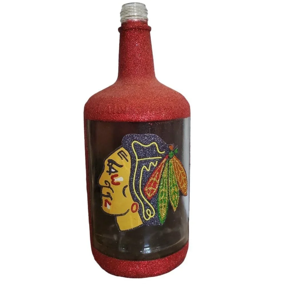Chicago Blackhawks Inspired Hand Painted Lighted Bottle Glass ManCave Hockey 12